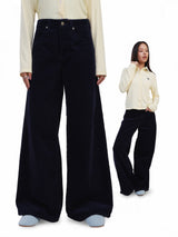 กางเกงขายาวลูกฟูกผู้หญิง WIDE LEG FIT เอวกลาง ทรงขากว้าง สีน้ำเงินเข้ม