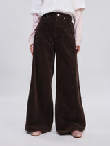 กางเกงขายาวลูกฟูกผู้หญิง WIDE LEG FIT เอวกลาง ทรงขากว้าง สีน้ำตาล