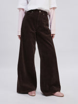 กางเกงขายาวลูกฟูกผู้หญิง WIDE LEG FIT เอวกลาง ทรงขากว้าง สีน้ำตาล