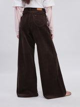 กางเกงขายาวลูกฟูกผู้หญิง WIDE LEG FIT เอวกลาง ทรงขากว้าง สีน้ำตาล