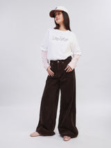 กางเกงขายาวลูกฟูกผู้หญิง WIDE LEG FIT เอวกลาง ทรงขากว้าง สีน้ำตาล