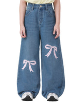 กางเกงยีนส์เด็กผู้หญิง คอลเลคชั่น LITTLE PINK WIDE LEG FIT เอวสูง ทรงขากว้าง สียีนส์อ่อน