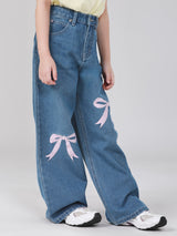 กางเกงยีนส์เด็กผู้หญิง คอลเลคชั่น LITTLE PINK WIDE LEG FIT เอวสูง ทรงขากว้าง สียีนส์อ่อน