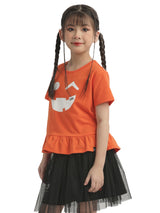เสื้อยืดแขนสั้นเด็กผู้หญิง คอลเลคชั่น HALLOWEEN ทรงตรง สีส้ม