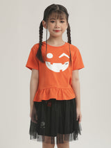 เสื้อยืดแขนสั้นเด็กผู้หญิง คอลเลคชั่น HALLOWEEN ทรงตรง สีส้ม