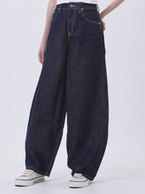 กางเกงยีนส์ผู้หญิง BARREL FIT เอวกลาง ทรงขากว้าง สียีนส์เข้ม