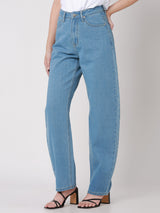 กางเกงยีนส์ผู้หญิง BARREL FIT เอวกลาง ทรงขากว้าง สียีนส์อ่อน