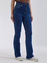 กางเกงยีนส์ผู้หญิง BOOTCUT FIT เอวสูง ทรงตรง-ขาม้า สียีนส์กลาง