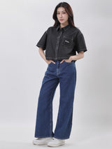 เสื้อเชิ้ตแขนสั้นผู้หญิง CROPPED FIT สีดำ
