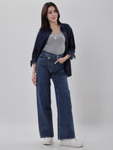 กางเกงยีนส์ผู้หญิง คอลเลคชั่น DENIM OBSESSION WIDE LEG FIT เอวสูง ทรงขากว้าง สียีนส์กลาง