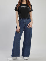 WIDE LEG FIT HIGH RISE RELAXED WOMEN'S JEANS MID INDIGO