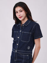 CROP FIT WOMEN'S SHORT SLEEVE DENIM SHIRT DARK INDIGO