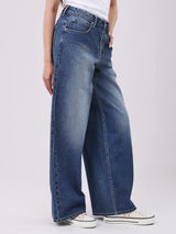 WIDE LEG FIT HIGH RISE RELAXED WOMEN'S JEANS MID INDIGO
