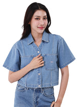 CROPPED FIT WOMEN'S SHORT SLEEVE DENIM SHIRT LIGHT INDIGO