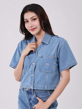 CROPPED FIT WOMEN'S SHORT SLEEVE DENIM SHIRT LIGHT INDIGO
