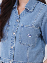 CROPPED FIT WOMEN'S SHORT SLEEVE DENIM SHIRT LIGHT INDIGO