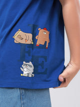 เสื้อยืดแขนสั้นเด็กผู้ชาย คอลเลคชั่น MINI ZOO ทรงตรง สีน้ำเงิน