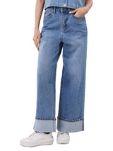 WIDE LEG FIT HIGH RISE RELAXED WOMEN'S JEANS MID INDIGO