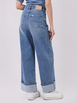 WIDE LEG FIT HIGH RISE RELAXED WOMEN'S JEANS MID INDIGO