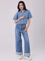 WIDE LEG FIT HIGH RISE RELAXED WOMEN'S JEANS MID INDIGO