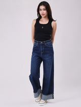 WIDE LEG FIT HIGH RISE RELAXED WOMEN'S JEANS DARK INDIGO