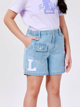 กางเกงขาสั้นเด็กผู้หญิง คอลเลคชั่น NEW PREPS สียีนส์อ่อน