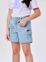 กางเกงขาสั้นเด็กผู้หญิง คอลเลคชั่น NEW PREPS สียีนส์อ่อน