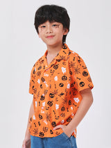 เสื้อเชิ้ตแขนสั้นเด็กผู้ชาย คอลเลคชั่น HALLOWEEN ทรงตรง สีส้ม