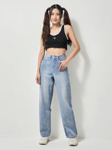 กางเกงยีนส์ผู้หญิง คอลเลคชั่น LEE PINK COMFORT FIT เอวสูง ทรงกระบอก สียีนส์อ่อน