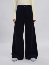 กางเกงขายาวลูกฟูกผู้หญิง WIDE LEG FIT เอวกลาง ทรงขากว้าง สีน้ำเงินเข้ม