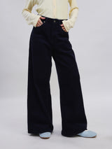 กางเกงขายาวลูกฟูกผู้หญิง WIDE LEG FIT เอวกลาง ทรงขากว้าง สีน้ำเงินเข้ม