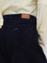 กางเกงขายาวลูกฟูกผู้หญิง WIDE LEG FIT เอวกลาง ทรงขากว้าง สีน้ำเงินเข้ม