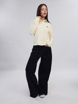 กางเกงขายาวลูกฟูกผู้หญิง WIDE LEG FIT เอวกลาง ทรงขากว้าง สีน้ำเงินเข้ม