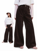 กางเกงขายาวลูกฟูกผู้หญิง WIDE LEG FIT เอวกลาง ทรงขากว้าง สีน้ำตาล