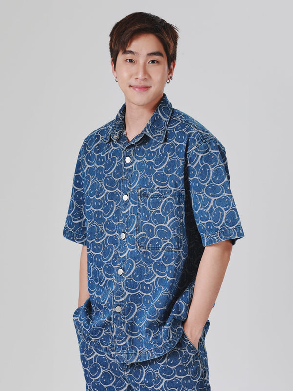 เสื้อเชิ้ตแขนสั้นผู้ชาย คอลเลคชั่น LEE SMILEY COMFORT FIT สียีนส์กลาง