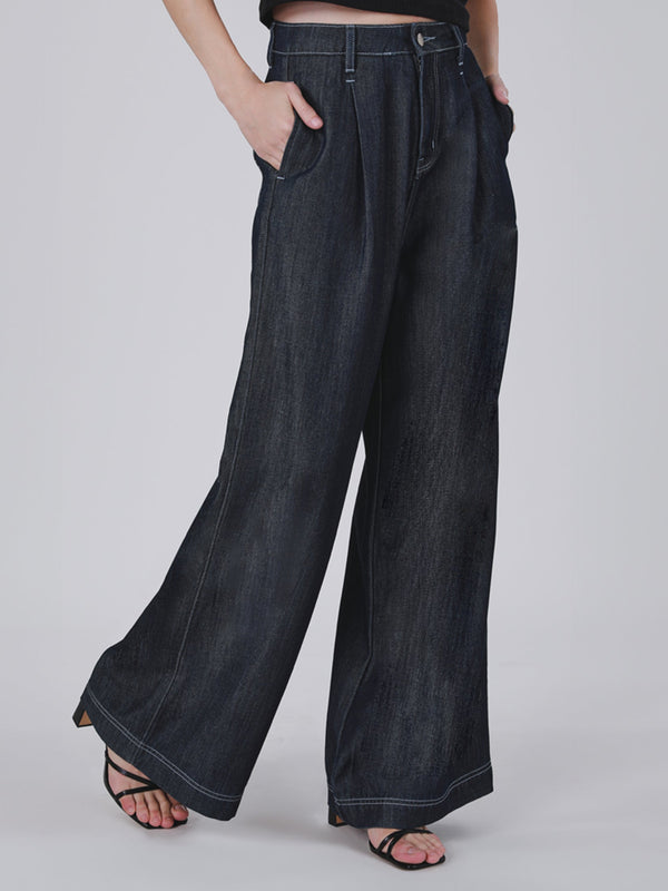 กางเกงยีนส์ผู้หญิง คอลเลคชั่น LEE PINK WIDE LEG FIT เอวสูง ทรงกระบอกใหญ่ สียีนส์เข้ม