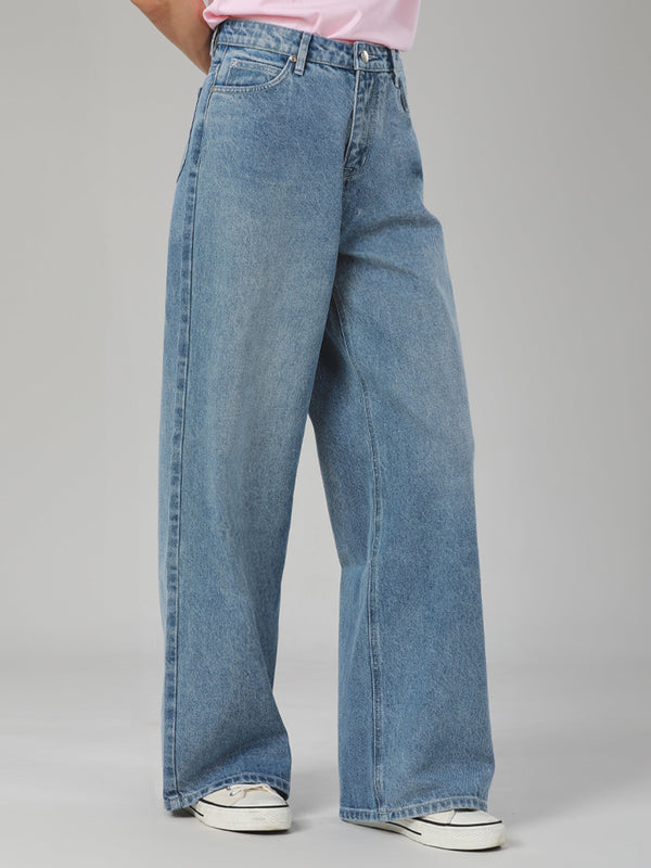 กางเกงยีนส์ผู้หญิง คอลเลคชั่น LEE PINK WIDE LEG FIT เอวสูง ทรงขากว้าง สียีนส์อ่อน