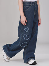 กางเกงยีนส์เด็กผู้หญิง คอลเลคชั่น LITTLE PINK WIDE LEG FIT เอวสูง ทรงขากว้าง สียีนส์กลาง