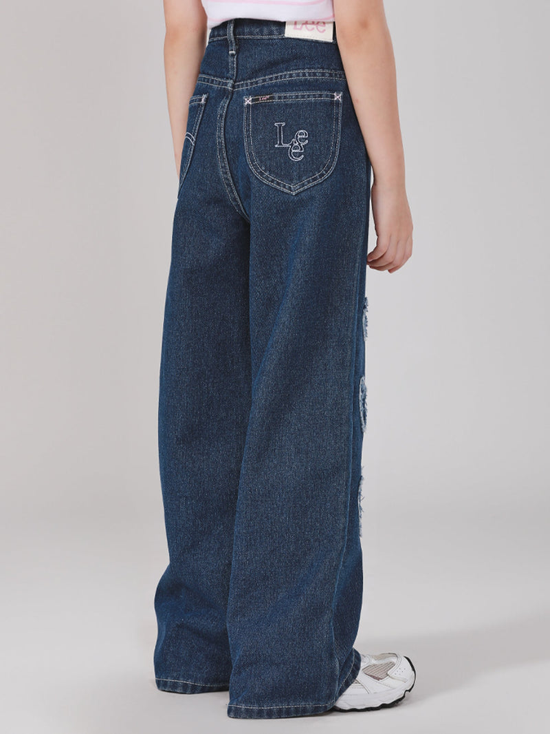 กางเกงยีนส์เด็กผู้หญิง คอลเลคชั่น LITTLE PINK WIDE LEG FIT เอวสูง ทรงขากว้าง สียีนส์กลาง