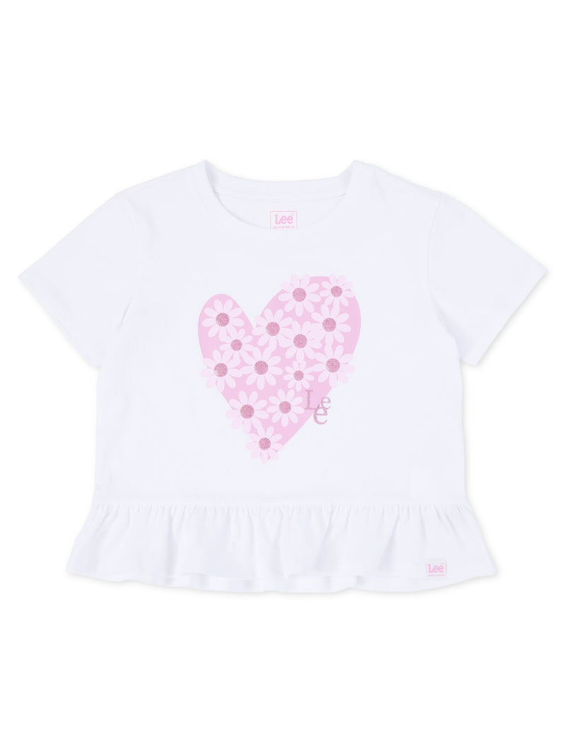 เสื้อยืดแขนสั้นเด็กผู้หญิง คอลเลคชั่น LITTLE PINK ทรงตรง สีขาว