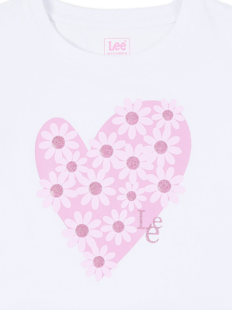 เสื้อยืดแขนสั้นเด็กผู้หญิง คอลเลคชั่น LITTLE PINK ทรงตรง สีขาว