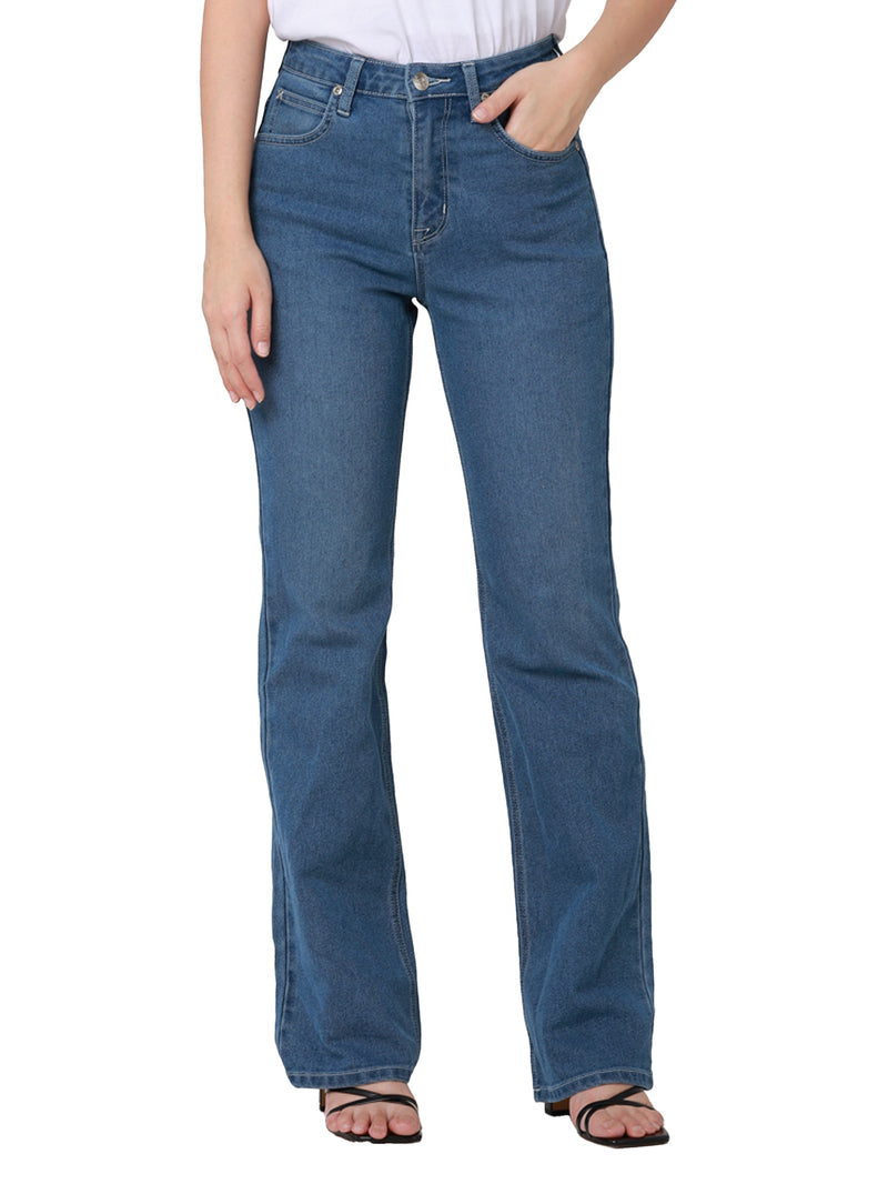 กางเกงยีนส์ผู้หญิง BOOTCUT FIT เอวสูง ทรงตรง-ขาม้า สียีนส์อ่อน