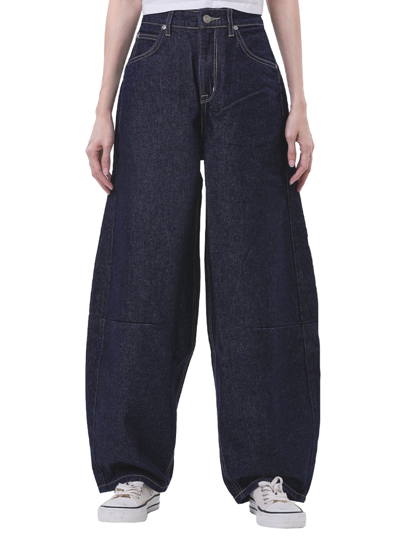 กางเกงยีนส์ผู้หญิง BARREL FIT เอวกลาง ทรงขากว้าง สียีนส์เข้ม