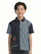 เสื้อเชิ้ตแขนสั้นเด็กผู้ชาย คอลเลคชั่น LEE X AKID FROM YESTERDAY ทรงตรง สียีนส์กลาง