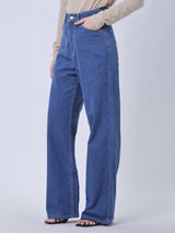 WIDE LEG FIT HIGH RISE RELAXED WOMEN'S JEANS MID INDIGO