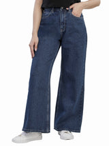 WIDE LEG FIT HIGH RISE RELAXED WOMEN'S JEANS MID INDIGO