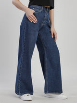 WIDE LEG FIT HIGH RISE RELAXED WOMEN'S JEANS MID INDIGO