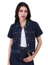 เสื้อเชิ้ตแขนสั้นผู้หญิง CROP FIT สียีนส์เข้ม