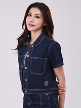 เสื้อเชิ้ตแขนสั้นผู้หญิง CROP FIT สียีนส์เข้ม