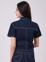 เสื้อเชิ้ตแขนสั้นผู้หญิง CROP FIT สียีนส์เข้ม